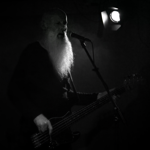 A very dark photo of a bass player with a long beard singing into a microphone on stage with a bright stage light in the top right corner. The light is mostly illuminating the beard.